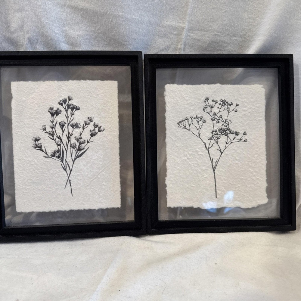 Floral Botanical Prints Set of 2 Framed Cottage Wall Art Handmade Paper 8.5 X10"